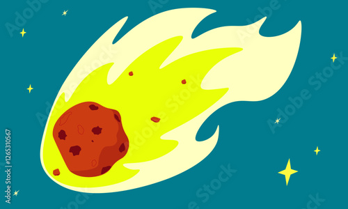 Huge asteroid is flying towards  surface of  planet across  entire galaxy. Comet falls apart into smaller pieces as it moves. Meteorite is burning. Starry sky, outer space. Vector background.