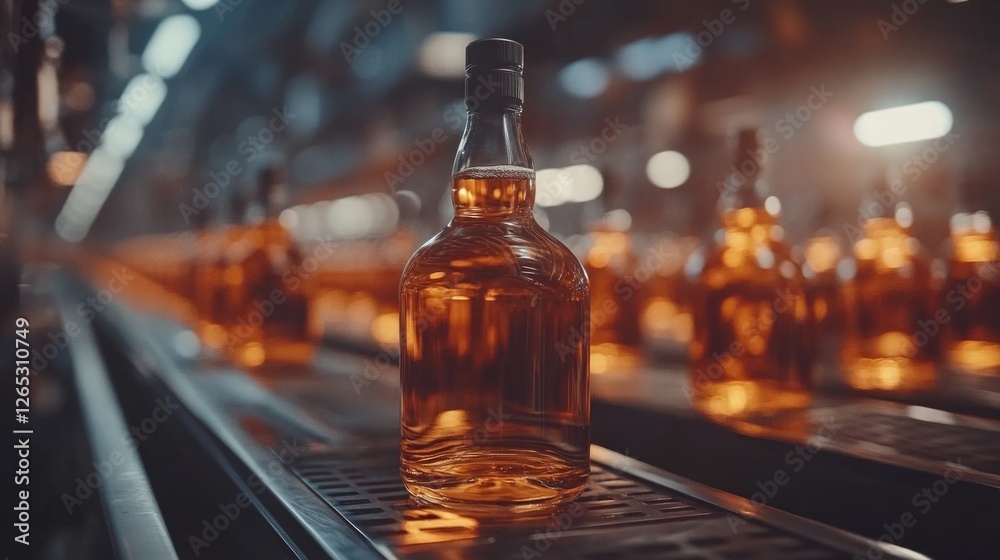 Whiskey bottling line with focus on glass bottles in industrial setting Whiskey bottling line with focus on glass bottles in industrial setting