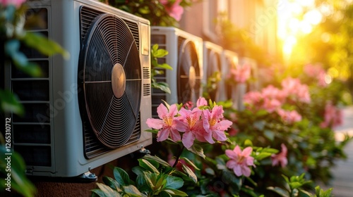 Outdoor air conditioning units with pink flowers in sunlit garden setting photo