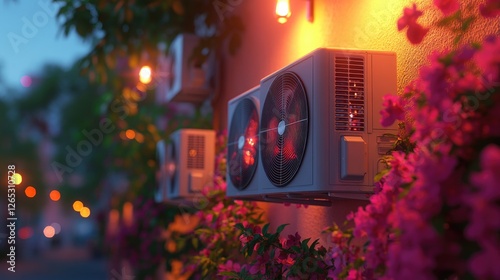 Outdoor air conditioners on wall with pink flowers and warm evening lighting photo