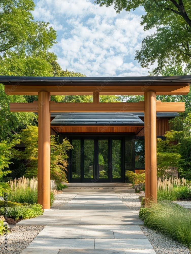 Obraz premium Serene japanese garden entrance features traditional torii gate design