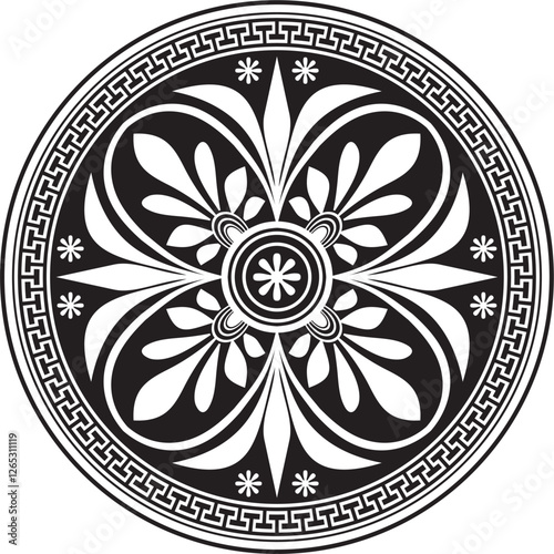 Vector black monochrome classic Greek round ornament. Circle of Ancient Greece and the Roman Empire. Byzantine painting of walls, floors and ceilings. Decoration of European palaces
