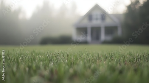 Wallpaper Mural Misty morning, house in field, grass foreground, rural calm Torontodigital.ca