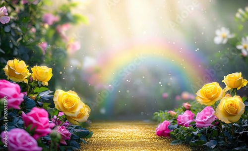 A fantasy panoramic photo background featuring a garden of pink and yellow roses, with a path that leads to a fabulous rainbow unicorn house. The tranquil morning scene is idyllic, with empty copy