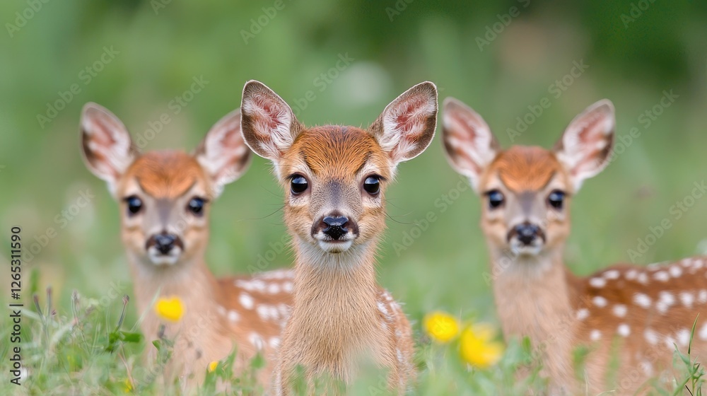 Fototapeta premium Three fawn deer in a field, focused, wildlife photography, nature scene, suitable for nature, wildlife, or conservation