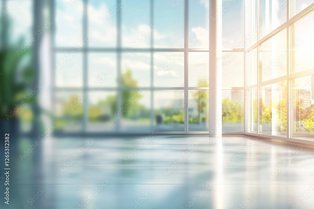Blurred glass window interior background with sunlight shining through the windows. Blurry office or business center scene with large panoramic windows and a view of the natural landscape outside. Blurred glass window interior background with sunlight shining through the windows. Blurry office or business center scene with large panoramic windows and a view of the natural landscape outside.