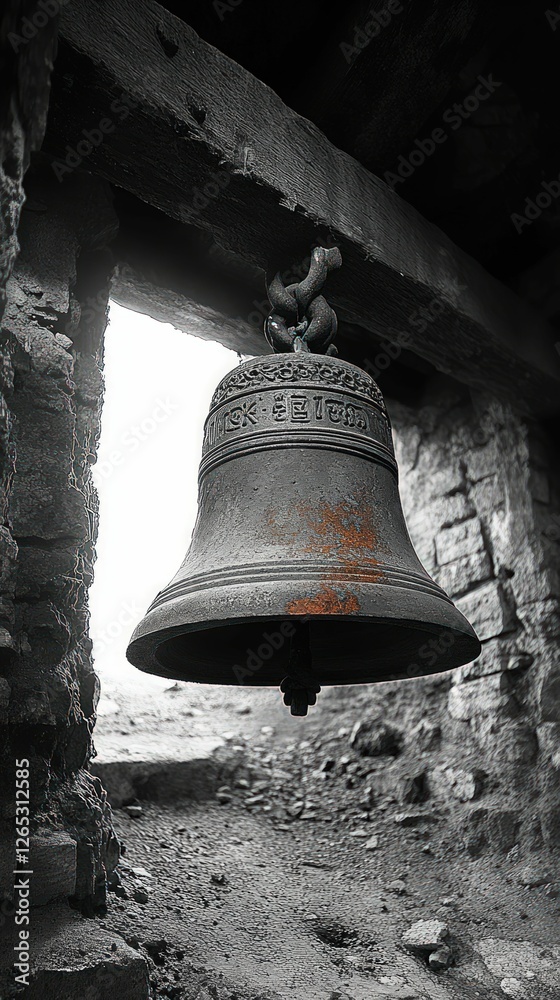 Obraz premium Ancient bell hangs, weathered metal, rustic charm.
