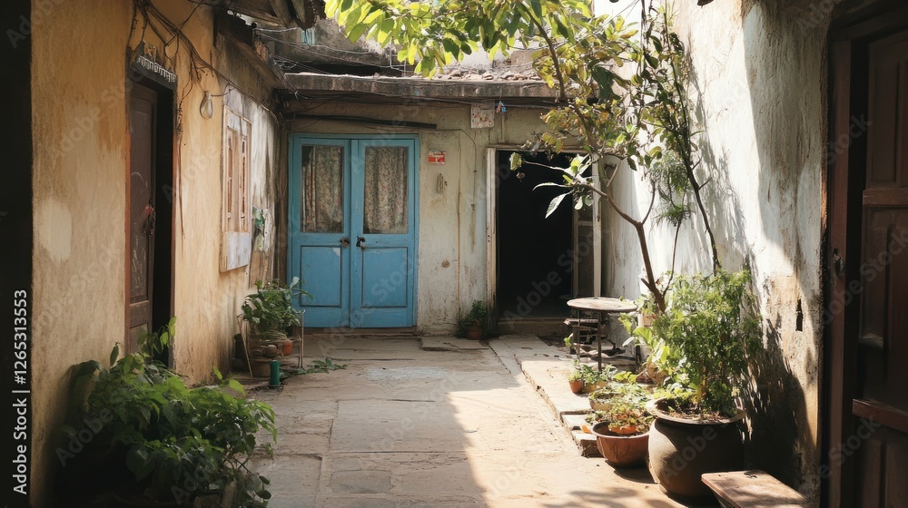 Sun-drenched Asian courtyard with potted plants and blue door Sun-drenched Asian courtyard with potted plants and blue door