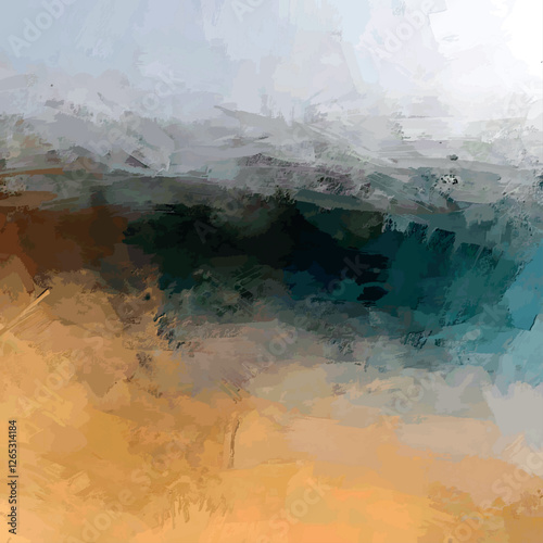 vector horizontal abstract shades of mustard yellow, brown, blue green and white blended shadow brush stroke in serene atmosphere	