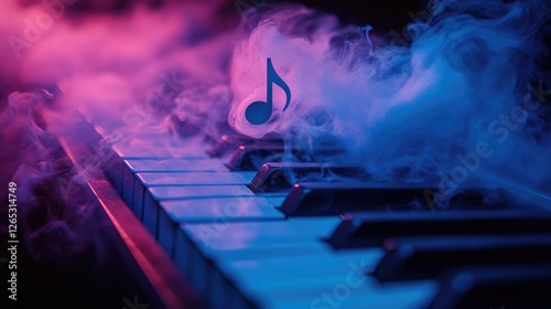 Colorful smoke on piano keys with musical note in vibrant lighting