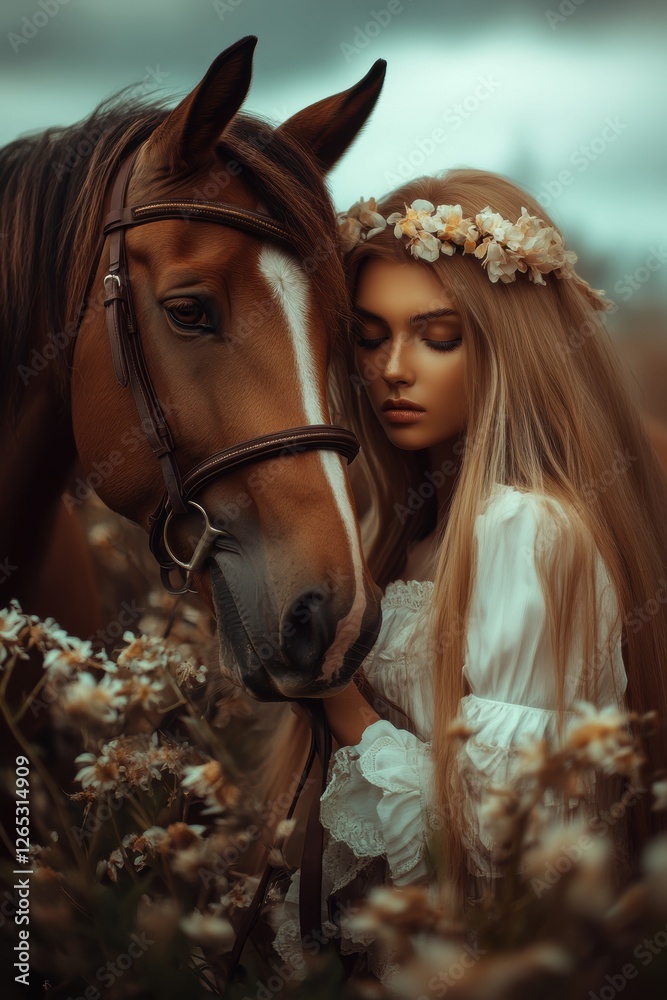 Obraz premium Beautiful female and horse in flower grass field in Spring.