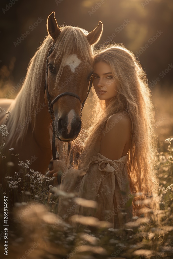Obraz premium Beautiful female and horse in flower grass field in Spring.