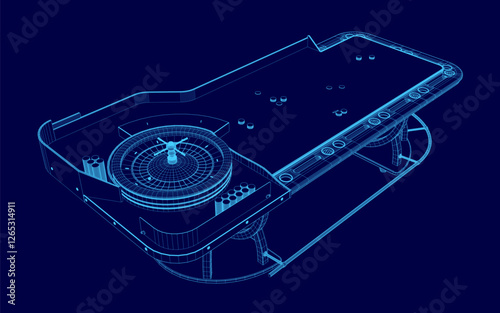 A blue image of a roulette table with a blue background. The table is shown in a stylized way, with the roulette wheel and table top being the main focus