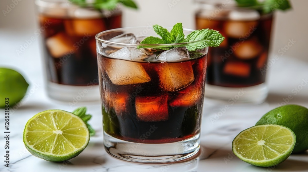 Refreshing mint garnished iced cola with lime slices on marble surface Refreshing mint garnished iced cola with lime slices on marble surface