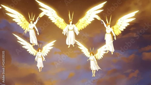 Heavenly beings surrounding the scene, serving as messengers of God's will and agents of divine protection, 4K High-Quality Animation Video