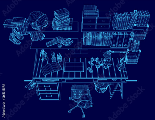 A blue drawing of a desk with a chair and a computer. The desk is cluttered with books, a keyboard, and a mouse