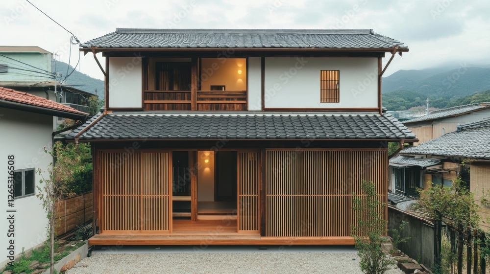 Two story traditional Japanese house with wooden lattice screens Two story traditional Japanese house with wooden lattice screens