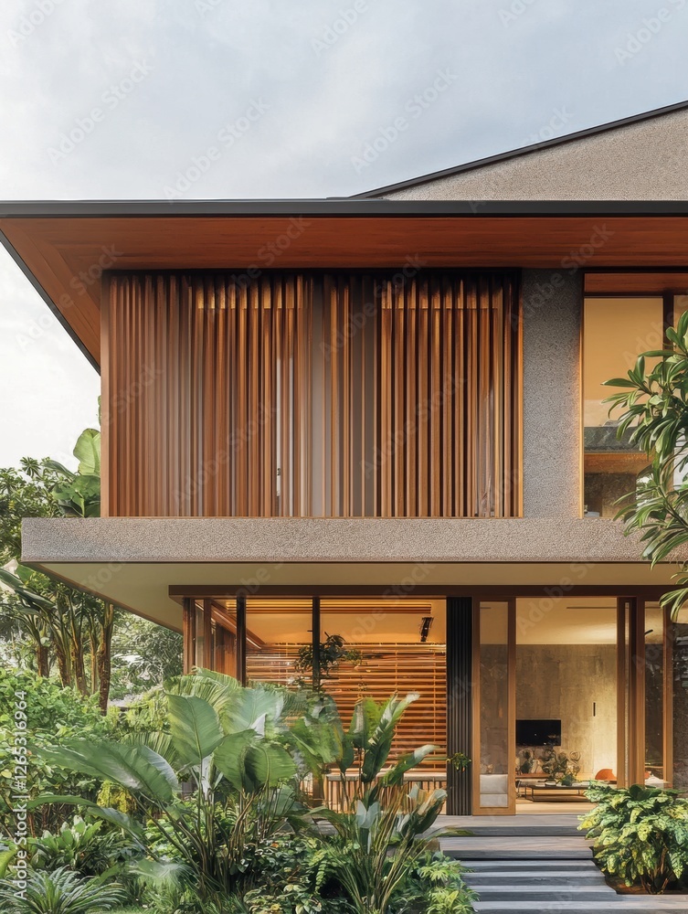 Fototapeta premium Modern house exterior showcases wood accents and lush landscaping