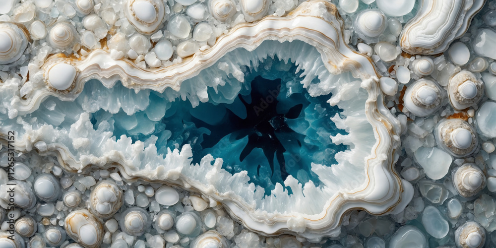 Obraz premium A dazzling turquoise geode with white banding showcases nature's intricate mineral artistry.