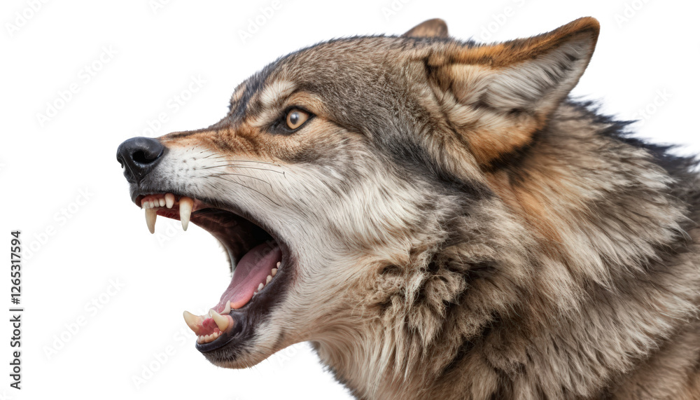 Obraz premium A wolf howling with open mouth and sharp fangs isolated on transparent background. 