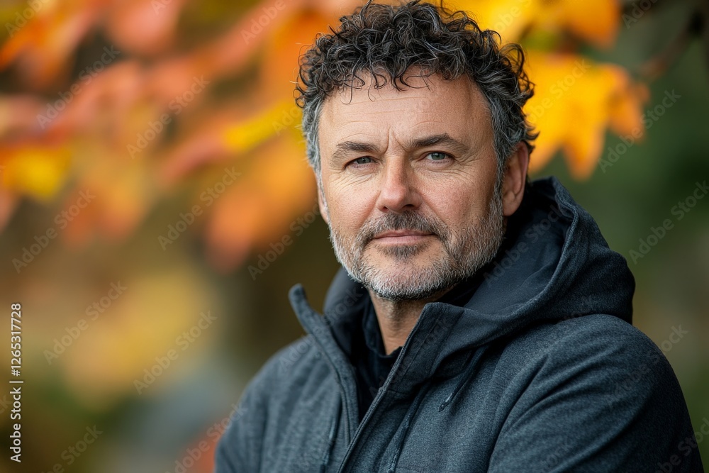 Man with curly hair and beard stands confidently among autumn leaves in a colorful forest setting Man with curly hair and beard stands confidently among autumn leaves in a colorful forest setting