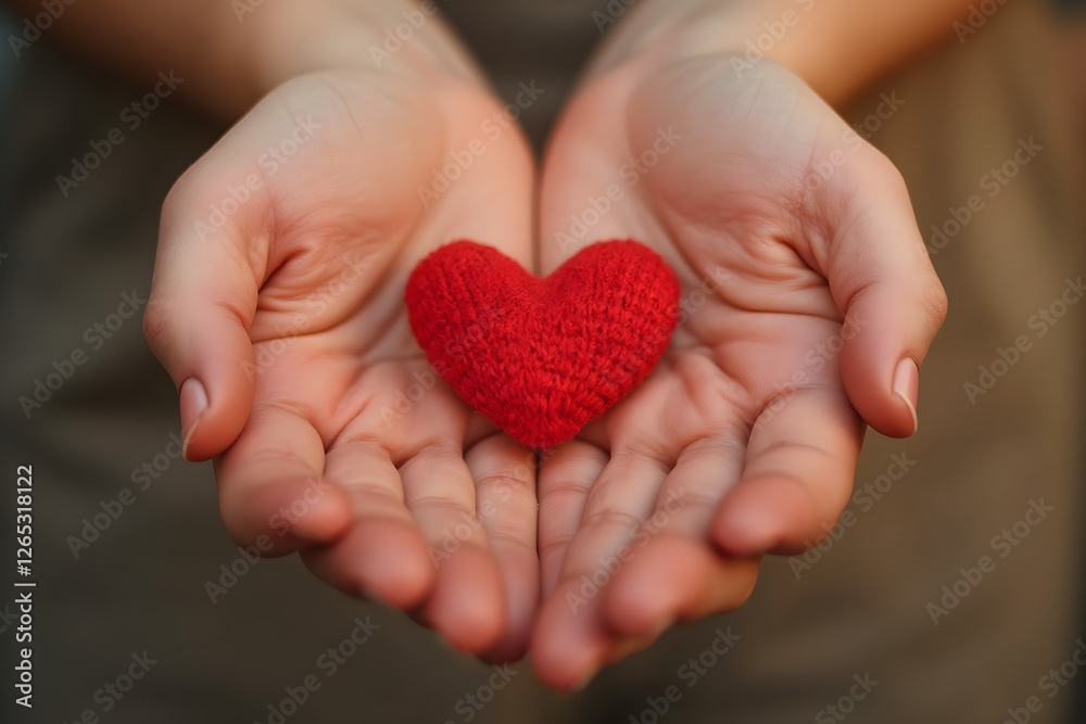 Obraz premium Close up of open hands tenderly holding small red heart, warm natural light