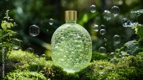 Eco-friendly green bottle with bubbles on mossy forest background