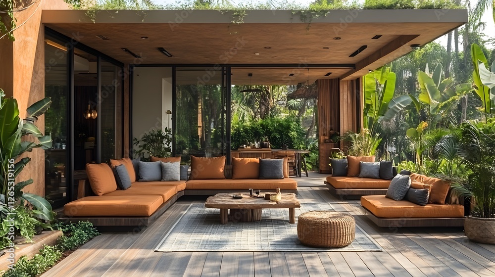 Fototapeta premium Rooftop terrace transformed into a lush tropical paradise, filled with greenery and comfortable seating with copy space