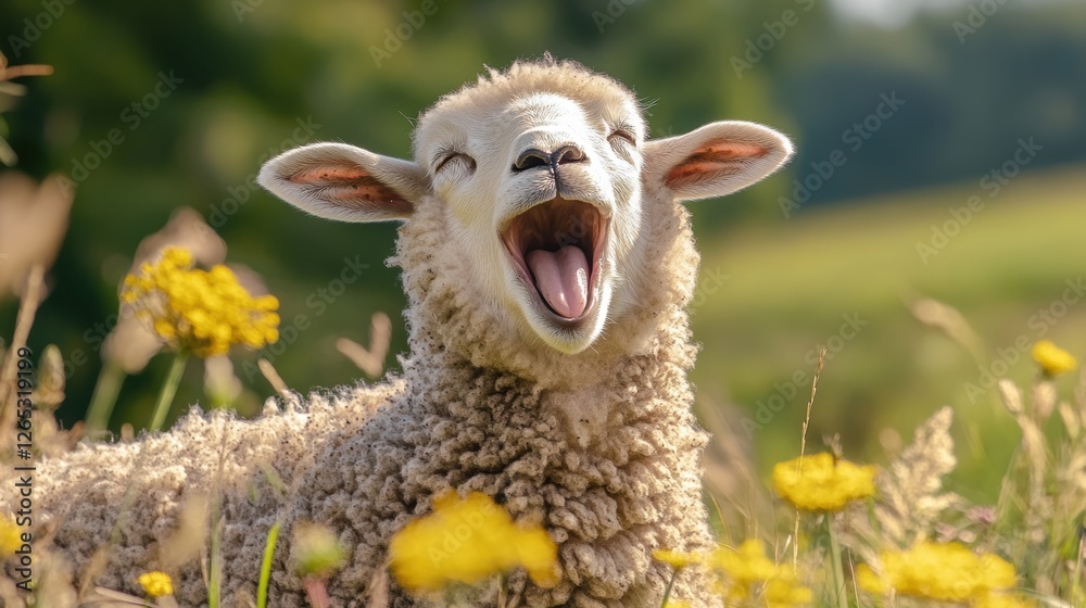 Obraz premium Sheep in flower grass field in Spring.