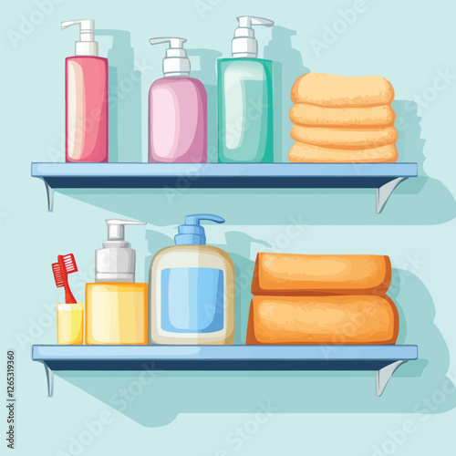 A vector of a bathroom shelf with toiletries and towels
