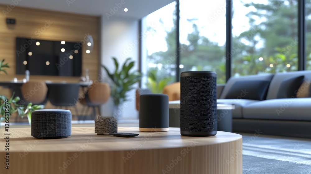 Smart home speakers on a wooden table in a modern living room interior