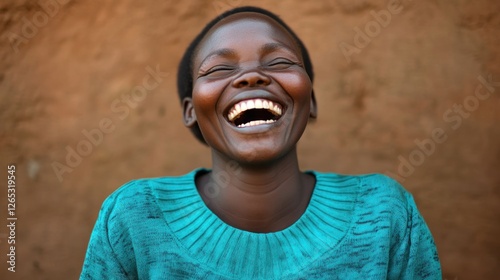 African woman laughing, mud wall background
