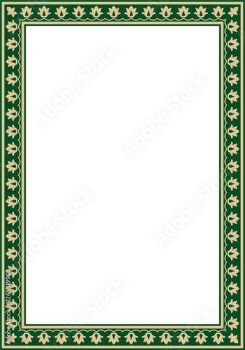 Vector gold with green square Turkish national ornament. Ottoman border, frame. Ethnic floral rectangle, Seljuk Turks pattern. Decoration of the Sultan's palaces