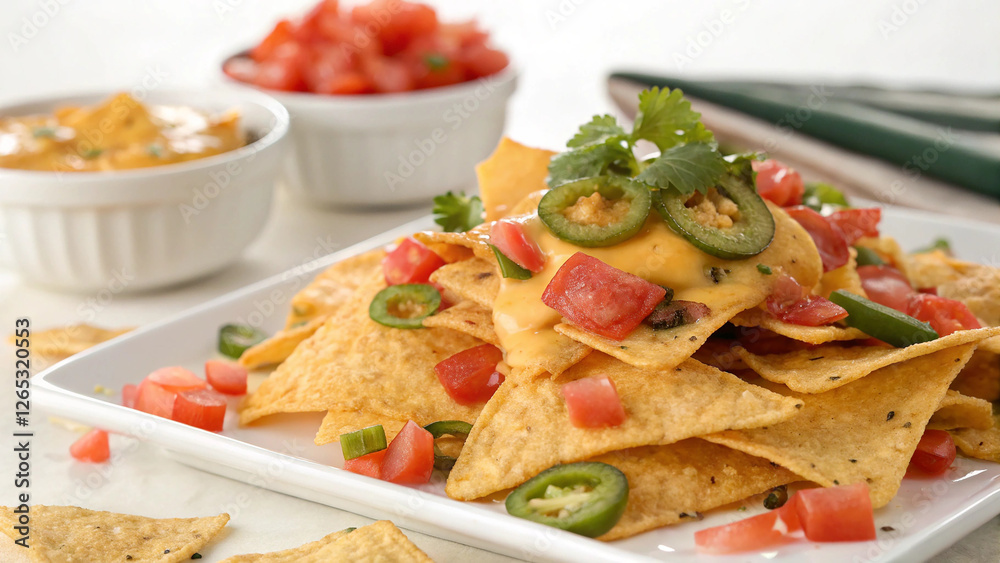 Cheesy Nachos Fiesta: A delectable spread of crispy tortilla chips piled high with melted cheese, diced tomatoes, jalapeños, and cilantro. Cheesy Nachos Fiesta: A delectable spread of crispy tortilla chips piled high with melted cheese, diced tomatoes, jalapeños, and cilantro.