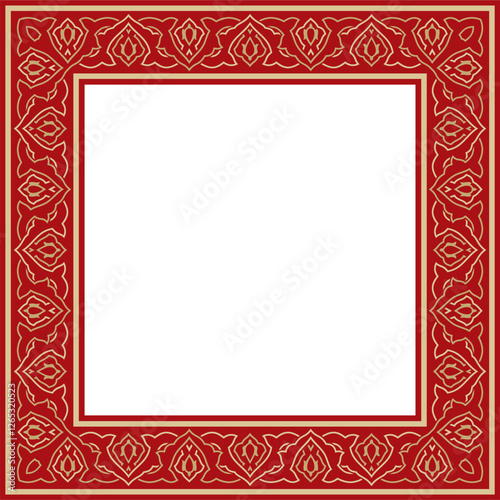 Vector gold with red square Turkish national ornament. Ottoman border, frame. Ethnic floral rectangle, Seljuk Turks pattern. Decoration of the Sultan's palaces