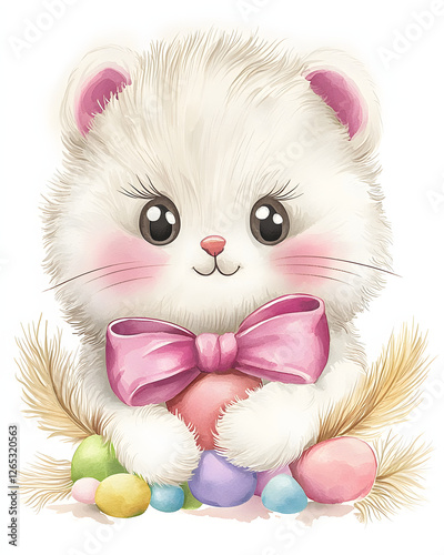 whimsical watercolor illustration of fluffy white kitten with pink bow, surrounded by colorful Easter eggs and decorative grass. This charming artwork evokes playful and joyful atmosphere