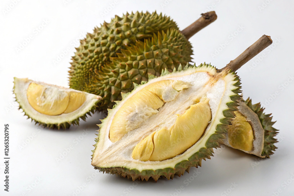 Fototapeta premium Durian Delight: A whole durian and several segments showcasing the creamy, custard-like texture and vibrant yellow flesh of this exotic fruit. The spiky exterior contrasts beautifully with the smooth.