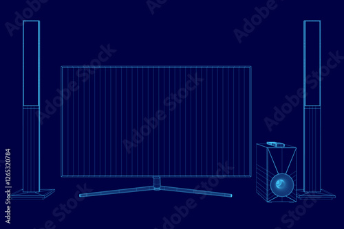 A blue image of a television, speaker, and table. The television is on the left side of the image, the speaker is on the right side, and the table is in the middle