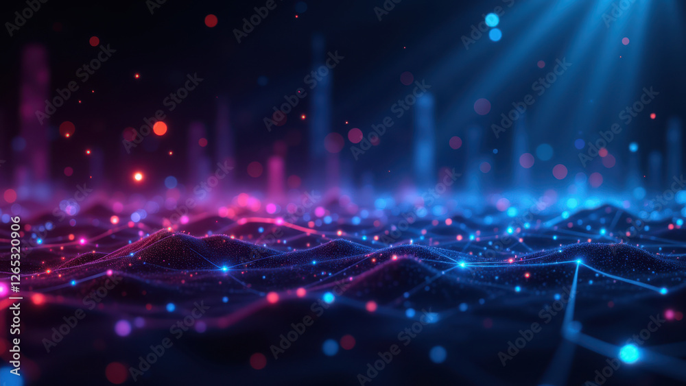 Obraz premium An abstract digital art illustration featuring a vibrant grid-like pattern with colorful glowing particles that suggest a network or cloud computing environment.