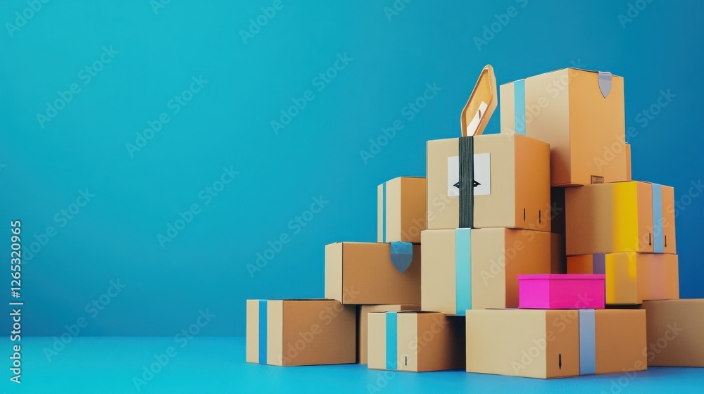 Fototapeta premium Cardboard boxes stacked, blue background, delivery