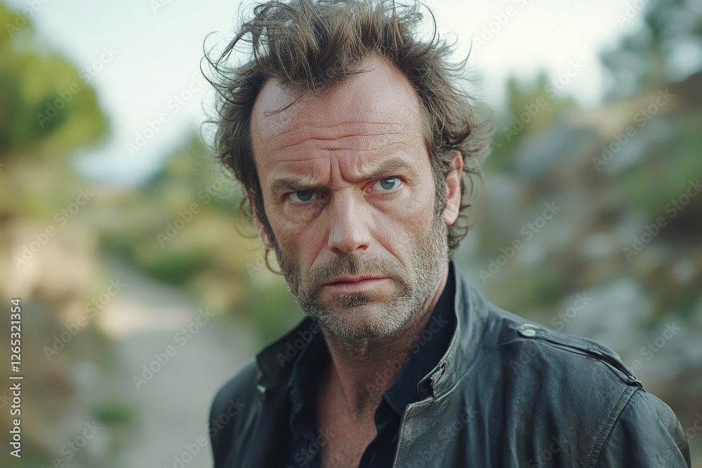 Intense outdoor portrait of a man with tousled hair, wearing a leather jacket in a rugged landscape Intense outdoor portrait of a man with tousled hair, wearing a leather jacket in a rugged landscape