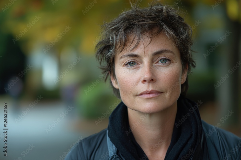 Woman with short hair stands confidently outdoors amidst autumn foliage in a serene urban setting Woman with short hair stands confidently outdoors amidst autumn foliage in a serene urban setting
