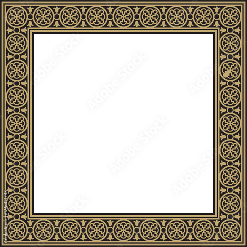 Vector square European gold and black ornament. Rectangular pattern, circle, ring of the Middle Ages. Revival border. Decorations of palaces and churches