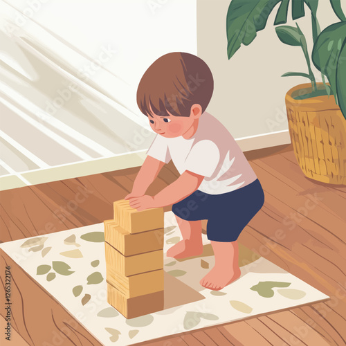 A vector of a child stacking wooden blocks on a rug