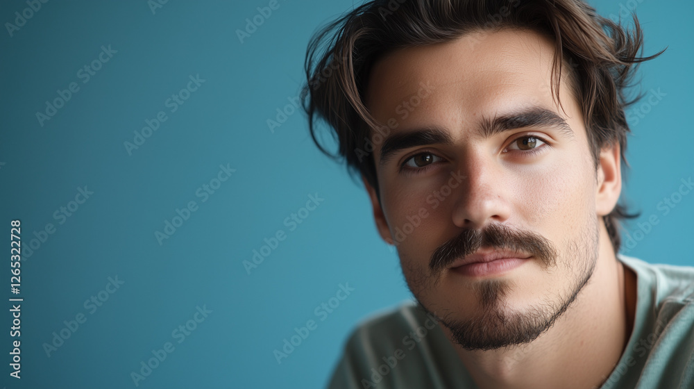 Fototapeta premium Junger Mann mit Schnurrbart vor blauem Studiohintergrund, Generative AI