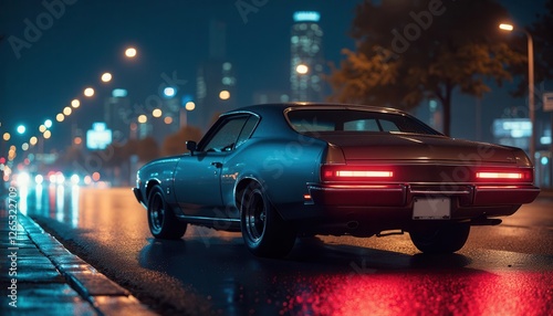 Vintage muscle car on the night street with neon light. 80s styled synthwave retro scene with powerful drive in evening