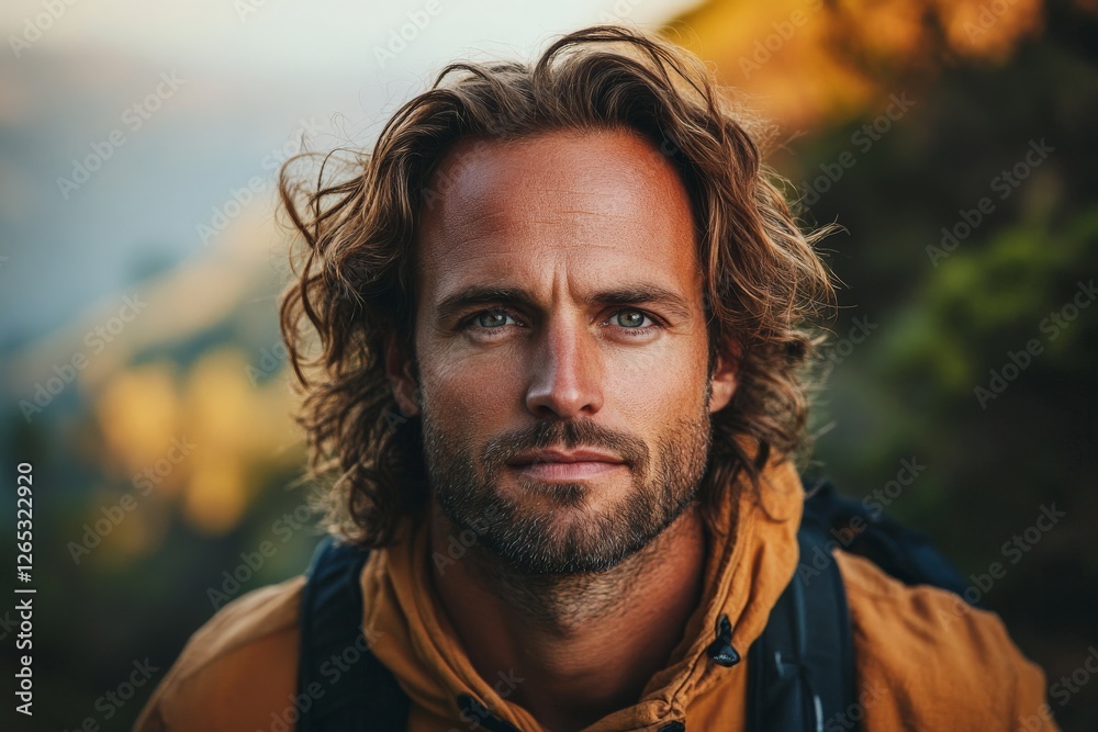 Adventurer with curly hair stands in nature during golden hour near a mountain landscape Adventurer with curly hair stands in nature during golden hour near a mountain landscape