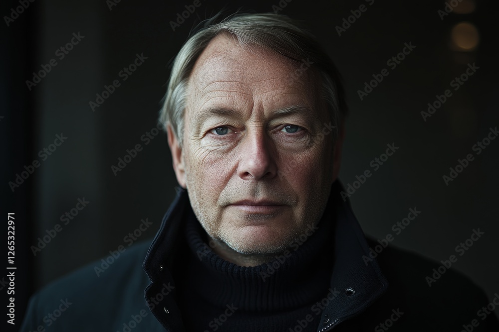 Obraz premium Portrait of a mature man with thoughtful expression in dimly lit indoor setting