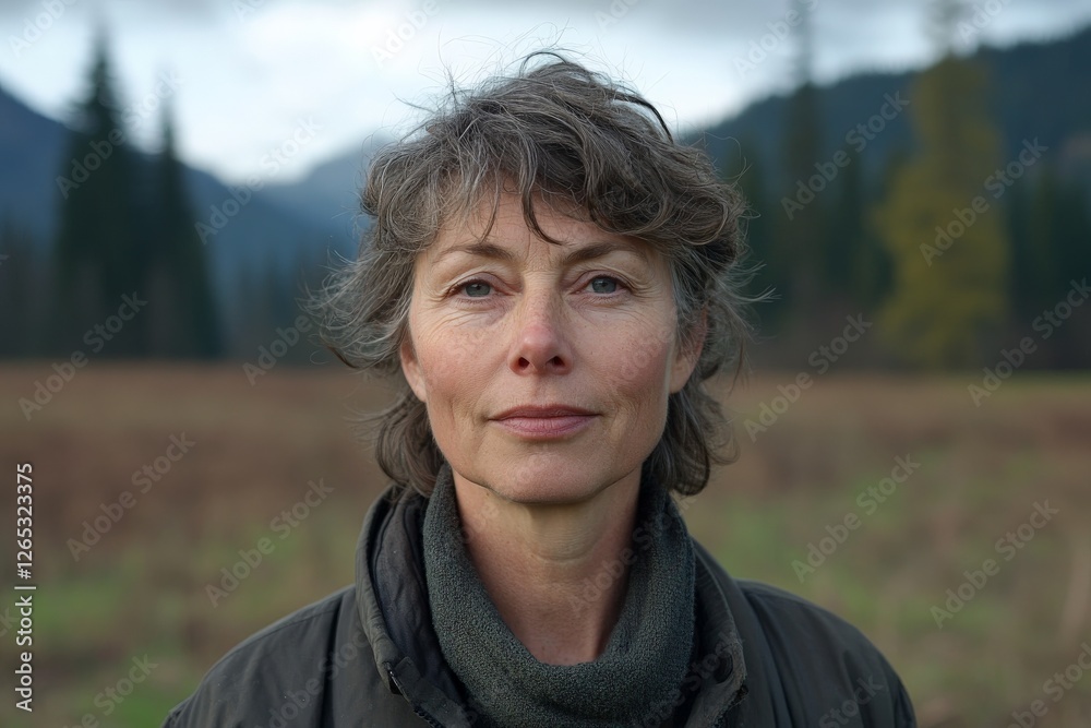 Portrait of a woman in nature with mountains and trees in the background during a cloudy day Portrait of a woman in nature with mountains and trees in the background during a cloudy day