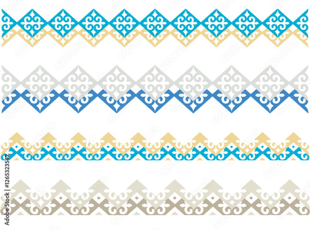 Set of kazakh ornamental borders frame. For design, wallpaper, card, banner, flyer. Ethnic ornament, national ornament of Kyrgyz, Mongol, Buryat, Kalmyk. Simple abstract Minimal ornament texture.  